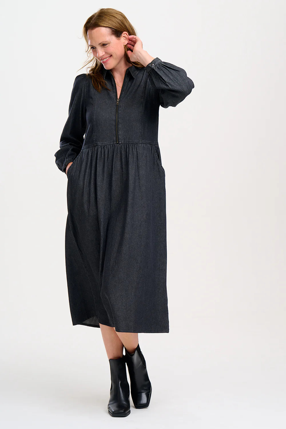 Kirsty Midi Smock Dress - Washed Black