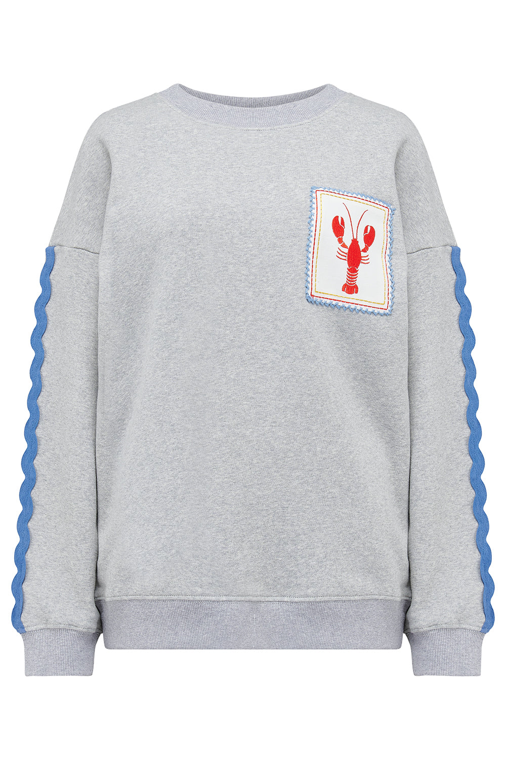 Gray sweatshirt with a colorful patch on the chest against a white background