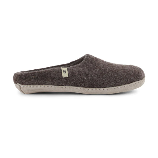 Felt wool slipper in chocolate brown on a white background