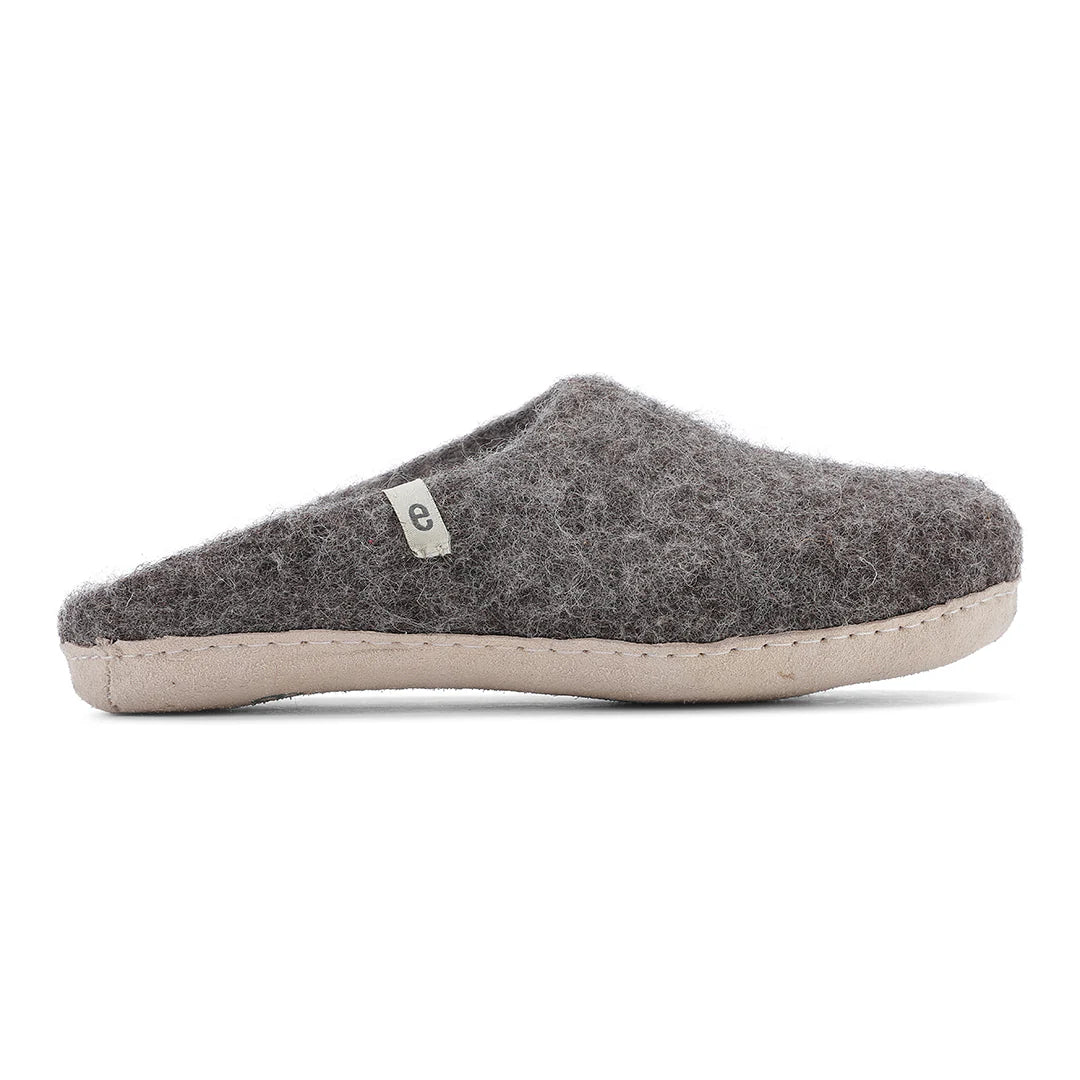 Felt wool grey brown slippers on white background