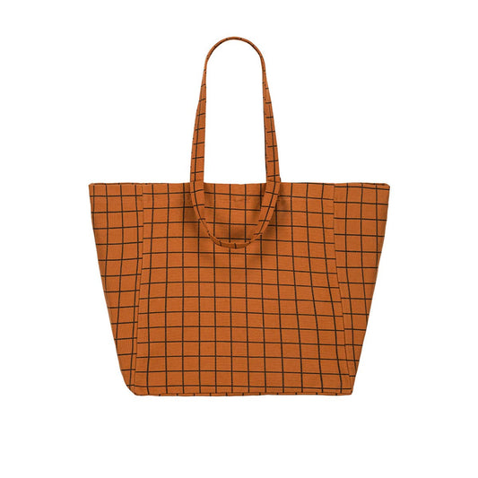 Brown grid-patterned tote bag on a white background