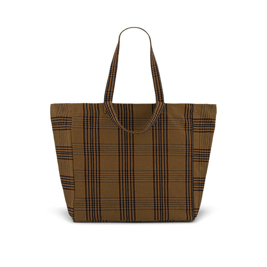 Brown plaid tote bag on a white background