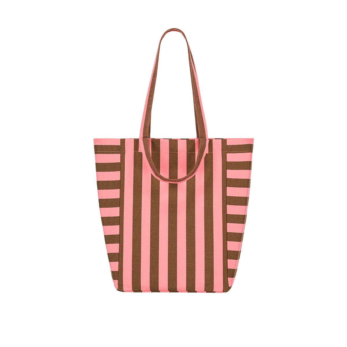 Tote bag with pink and brown vertical stripes on a white background