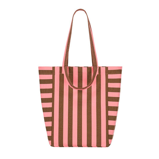 Tote bag with pink and brown vertical stripes on a white background