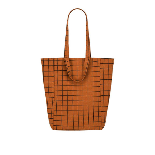 Brown grid-patterned tote bag on a white background
