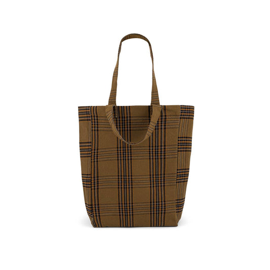 Plaid tote bag with brown and black pattern on a white background