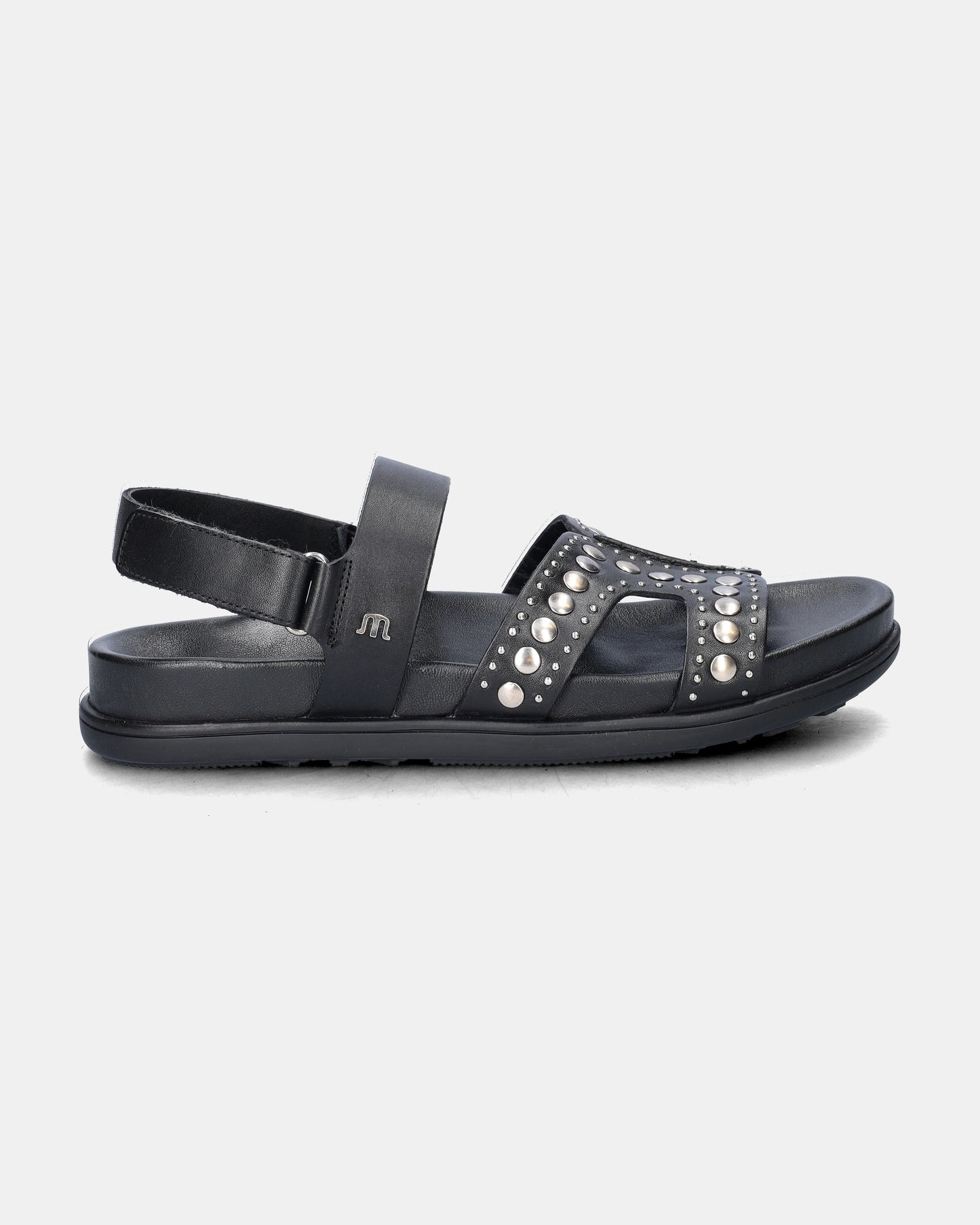 black sandal with silver studs on a white background