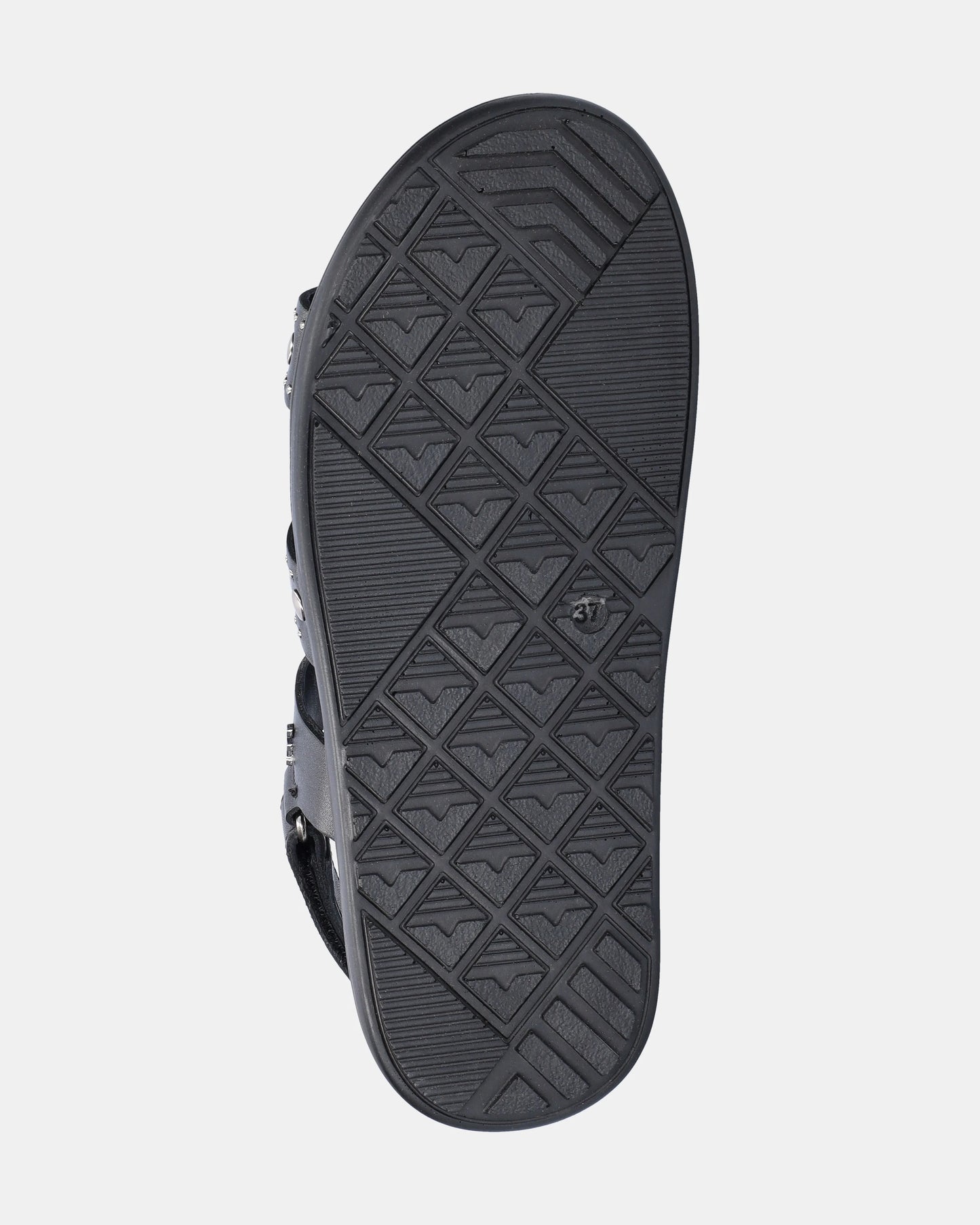 black sandal with silver studs on a white background