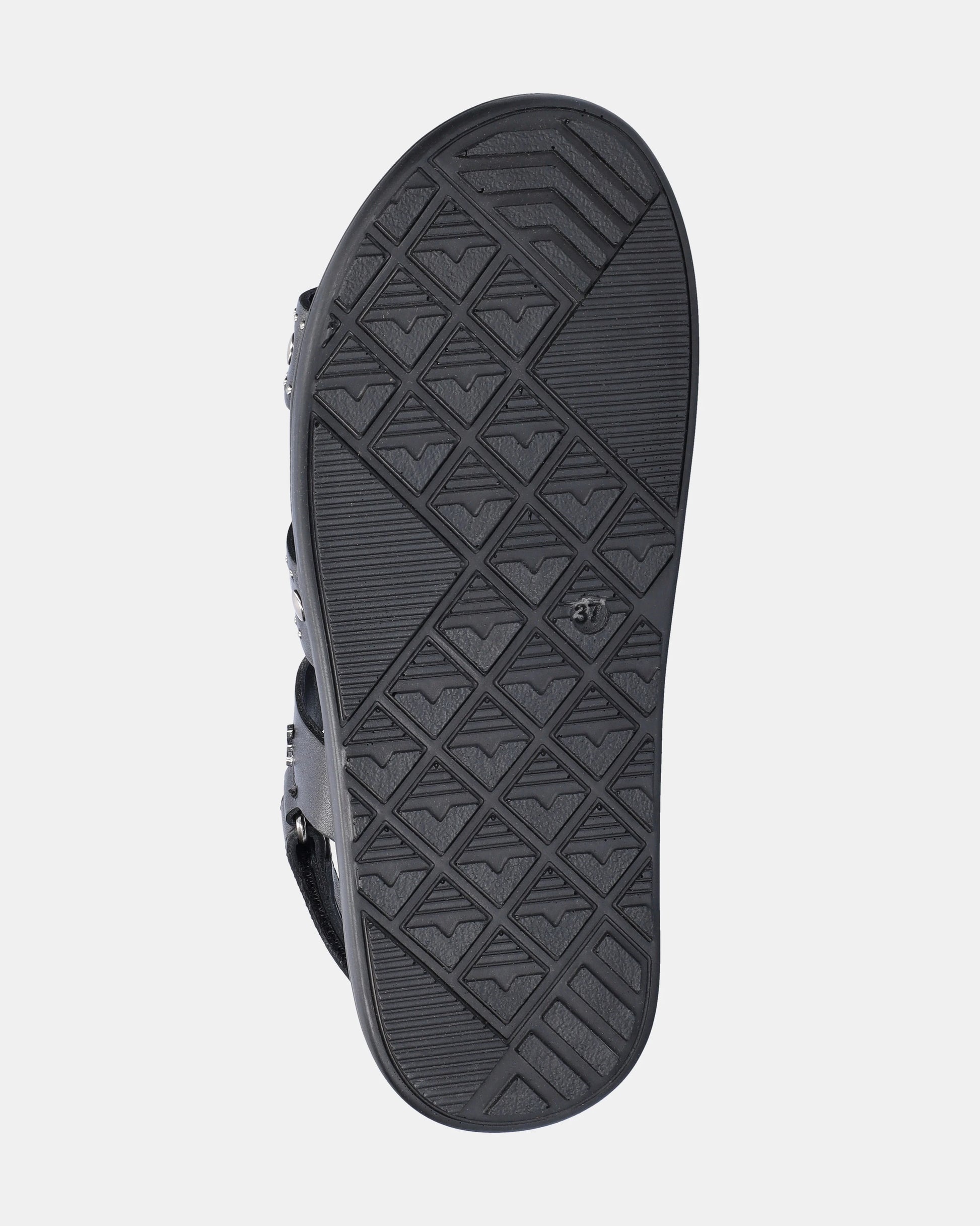 black sandal with silver studs on a white background
