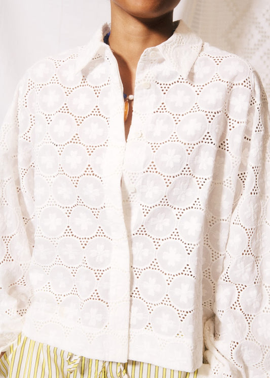 White lace top worn by a person with a blurred background