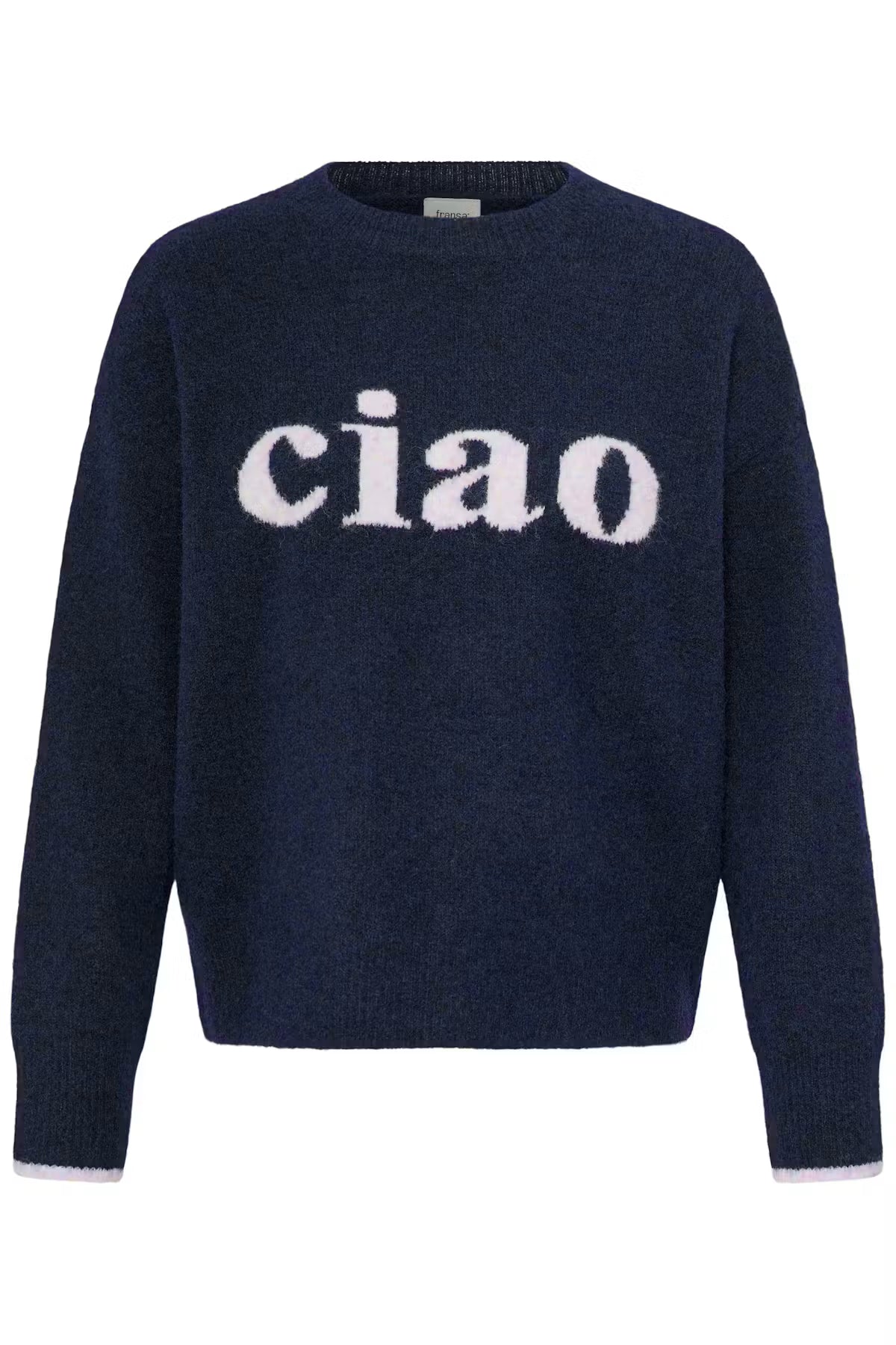 A navy blue knit crewneck sweater featuring the word 'ciao' knitted in white across the chest, displayed on a clean white background.