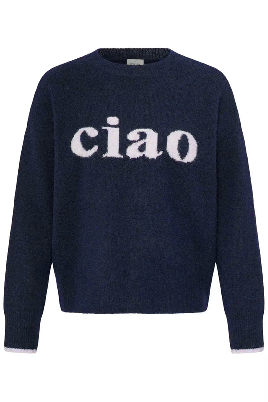 A navy blue knit crewneck sweater featuring the word 'ciao' knitted in white across the chest, displayed on a clean white background.
