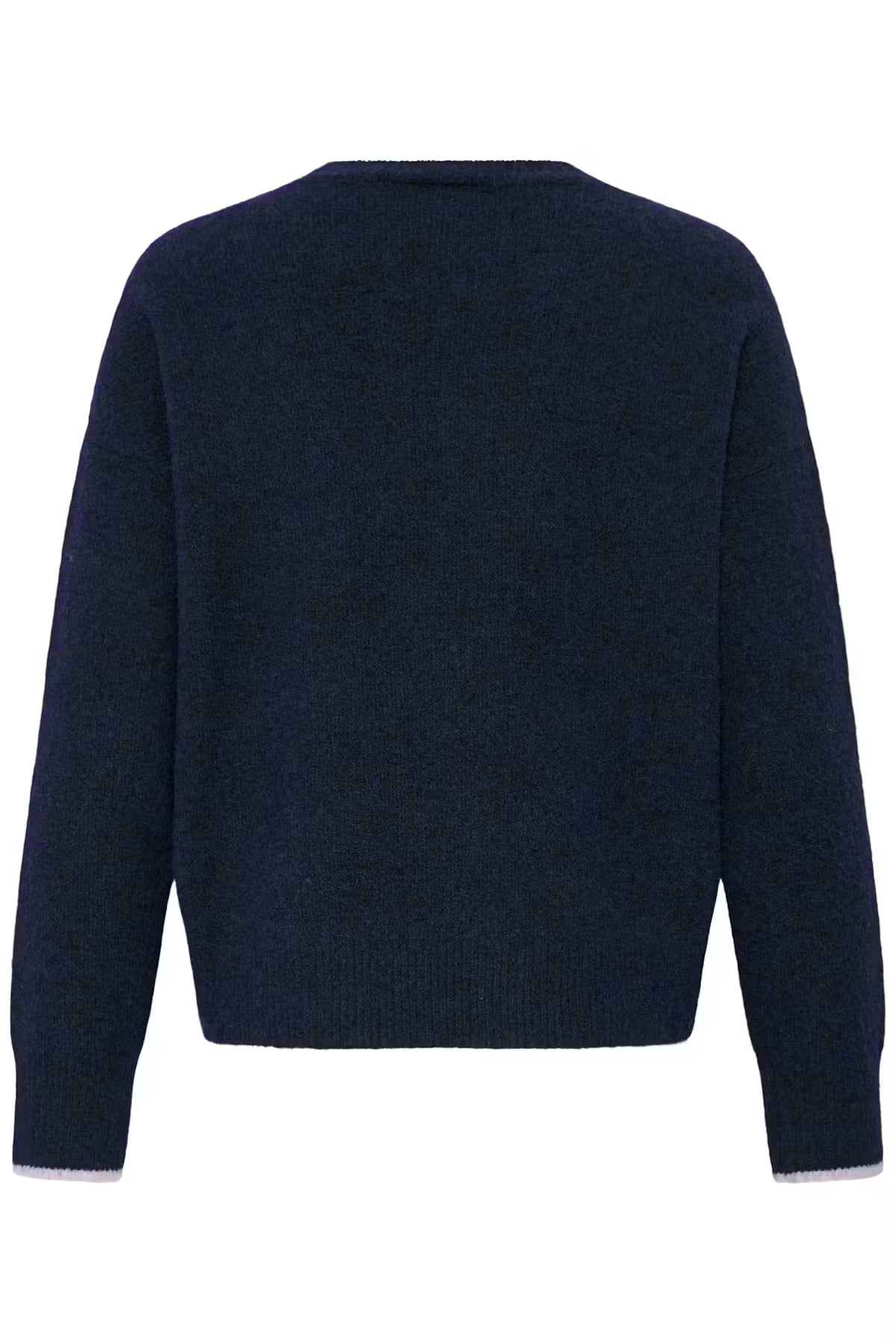 A dark navy blue knit sweater shown from the back, featuring a crew neck and ribbed cuffs and hem, photographed against a plain white background.