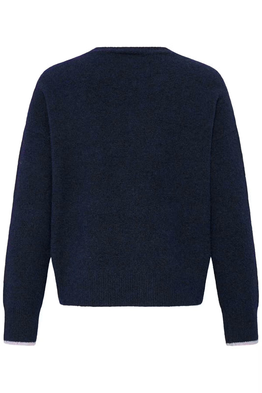 A dark navy blue knit sweater shown from the back, featuring a crew neck and ribbed cuffs and hem, photographed against a plain white background.