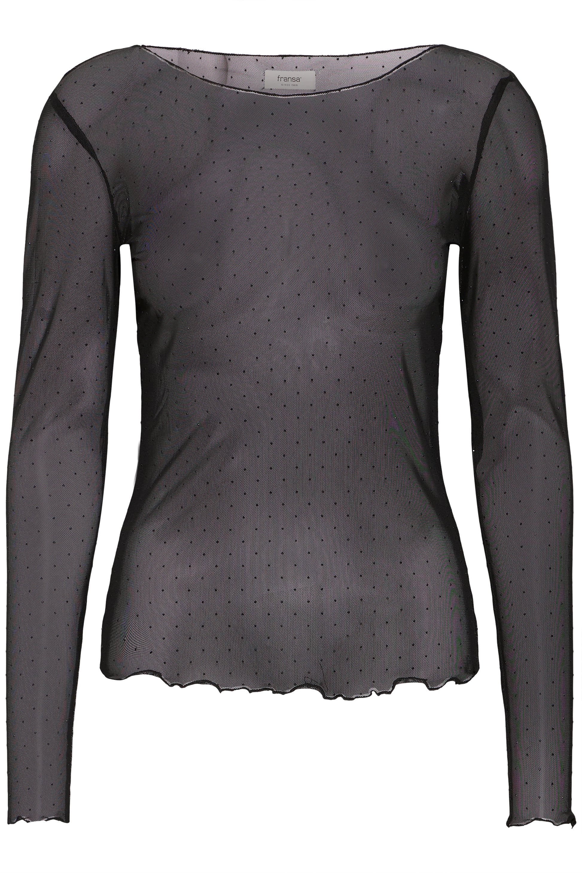 Black long-sleeve top with subtle pattern on a white background