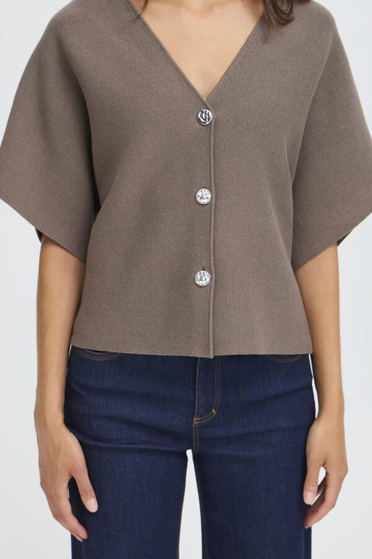 Brown short-sleeve blouse with buttons on a white background
