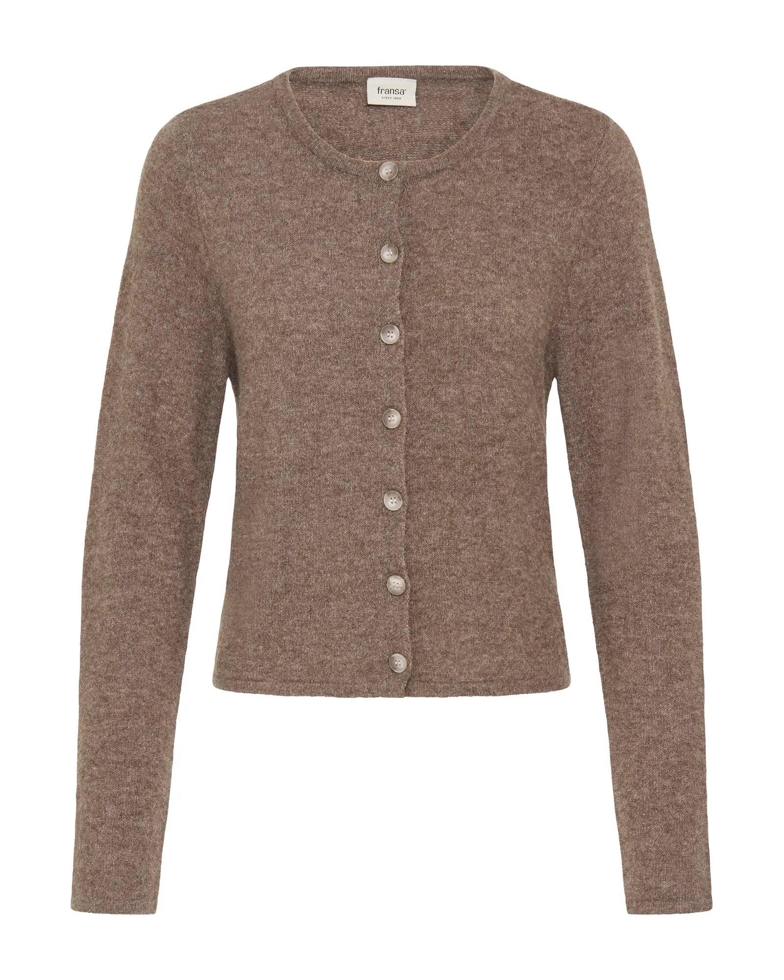 Brown cardigan with buttons on a white background