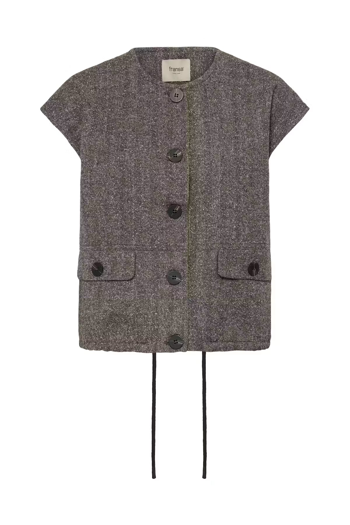 A short-sleeved gray tweed jacket with a button front, two front flap pockets, and black drawstrings hanging from the hem, shown on a plain white background.