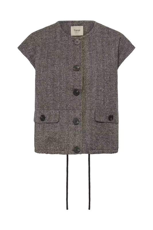 A short-sleeved gray tweed jacket with a button front, two front flap pockets, and black drawstrings hanging from the hem, shown on a plain white background.