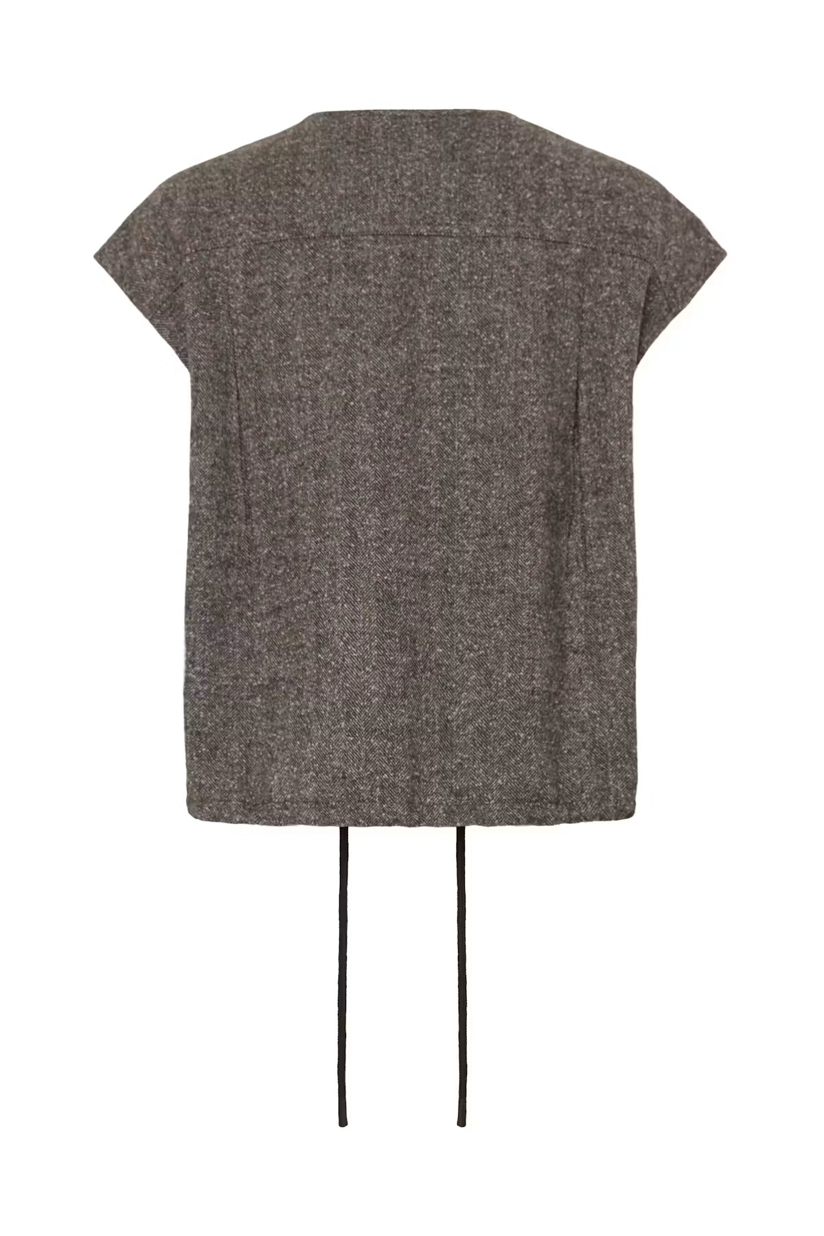A textured gray short-sleeve top with a crew neck and black tie details at the bottom hem, shown against a plain white background.