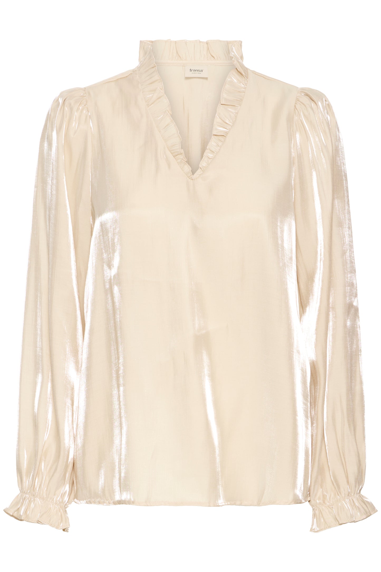 Cream-colored blouse with ruffled details on a white background