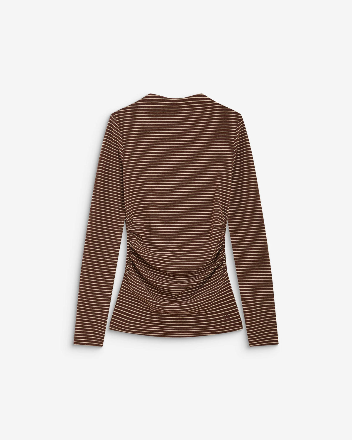Brown and white striped long-sleeve top on a white background