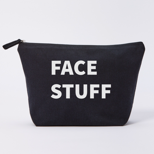 Black pouch with 'FACE STUFF' text on a white background