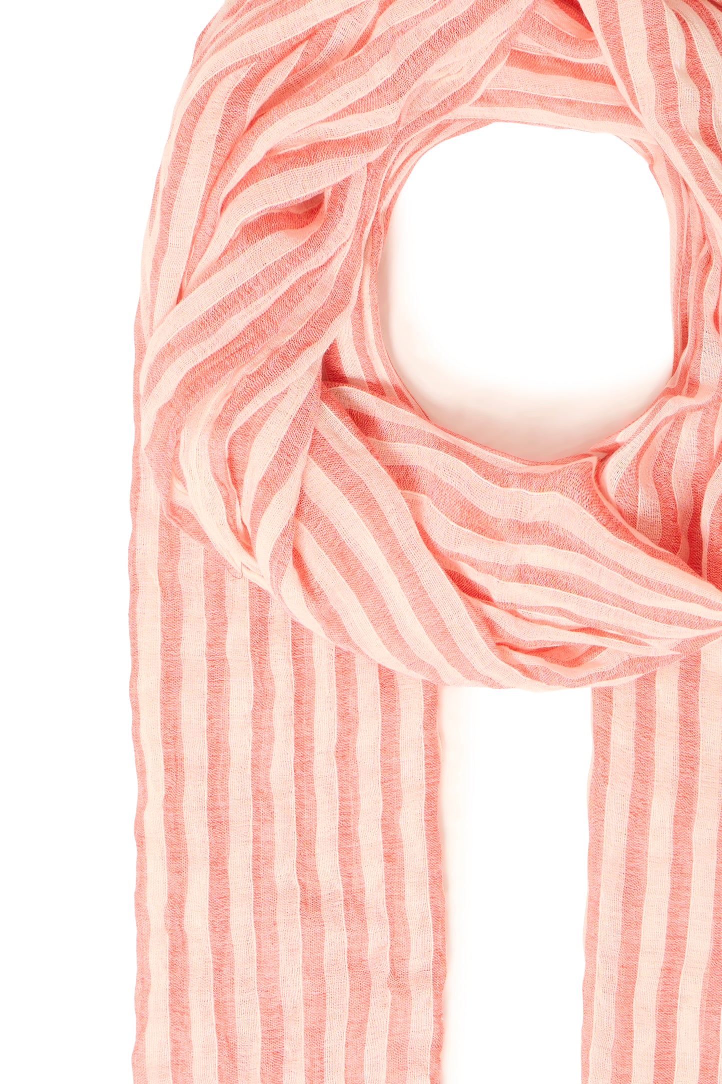 Pink and white striped scarf on a white background