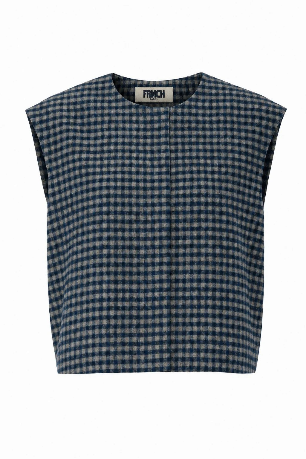 A sleeveless cropped top with a blue and white gingham check pattern, featuring a round neckline and a visible 'FRENCH' brand label at the inner collar, shown against a plain white background.