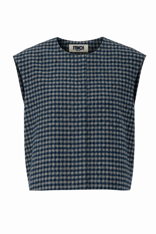 A sleeveless cropped top with a blue and white gingham check pattern, featuring a round neckline and a visible 'FRENCH' brand label at the inner collar, shown against a plain white background.