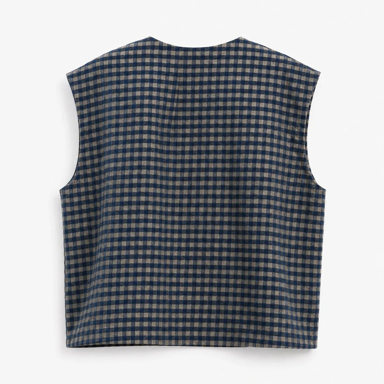 A sleeveless cropped vest with a navy blue and beige gingham check pattern, shown from the back on a light gray background.