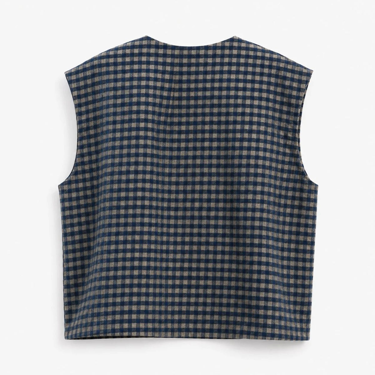 A sleeveless cropped vest with a navy blue and beige gingham check pattern, shown from the back on a light gray background.