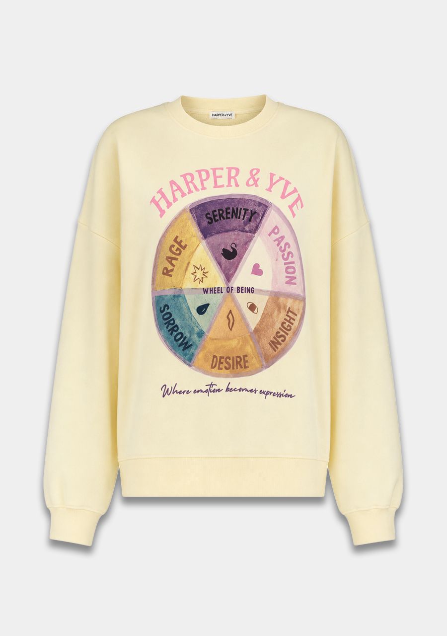 A pale yellow crewneck sweatshirt featuring a colorful graphic on the front with the text 'HARPER & YVE' and a wheel of emotions including Rage, Serenity, Passion, Focus, Wisdom, and Desire.