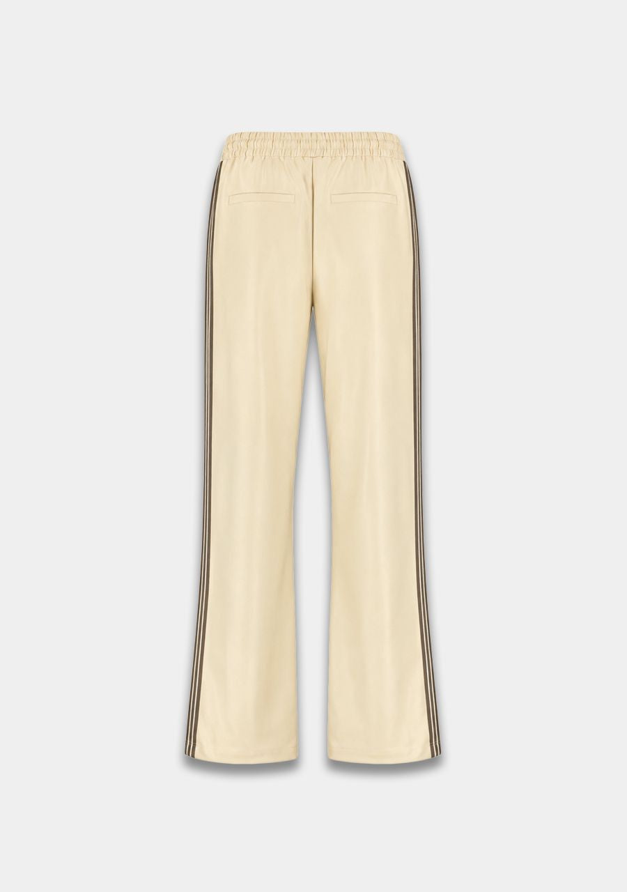 Cream-colored wide-leg trousers with double dark brown stripes down the sides, shown from the back on a light gray background.