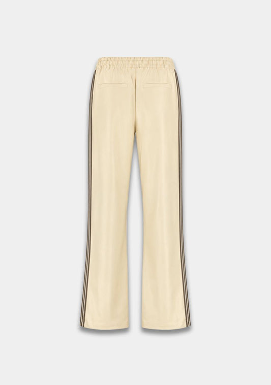 Cream-colored wide-leg trousers with double dark brown stripes down the sides, shown from the back on a light gray background.