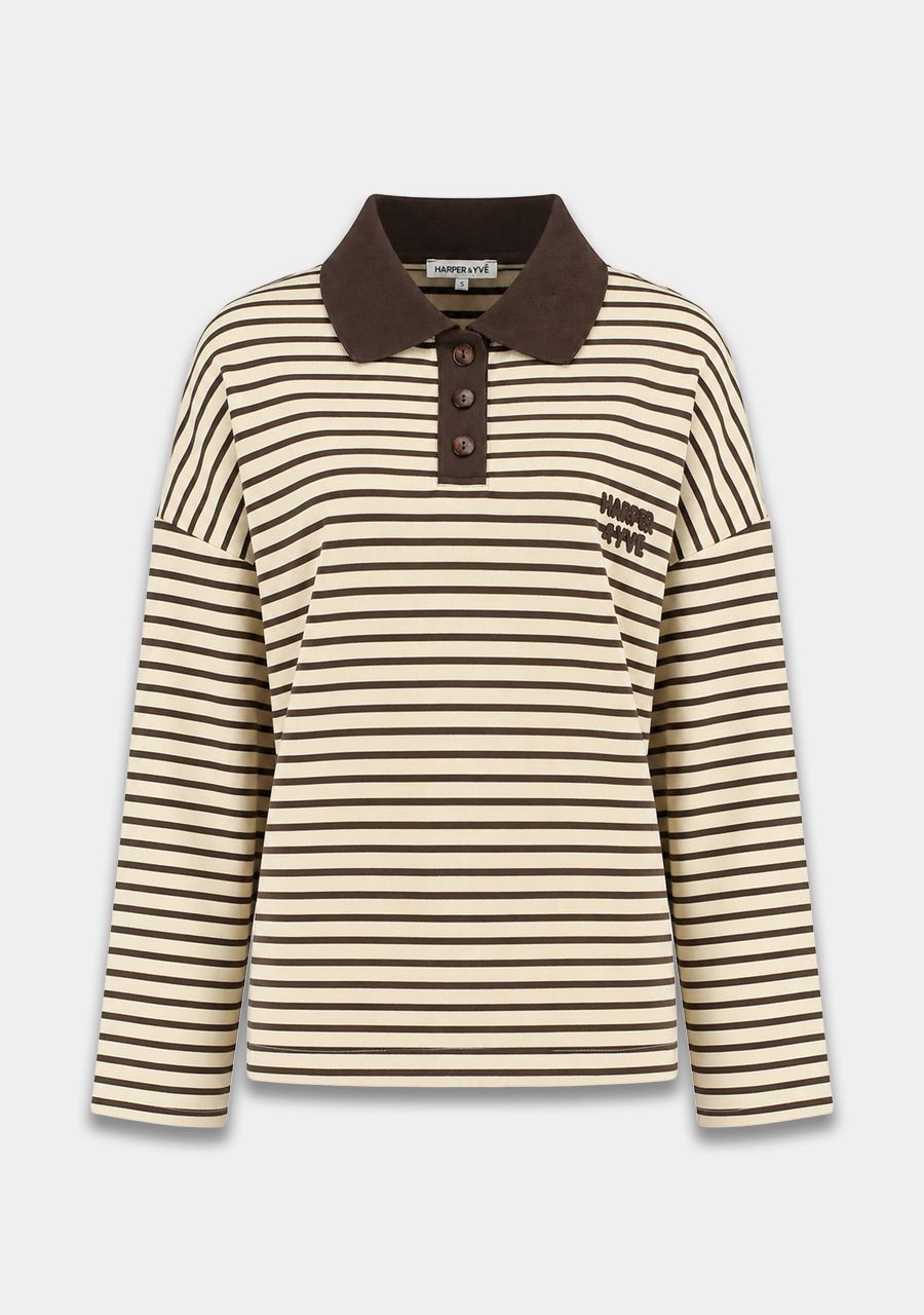 A long-sleeve polo shirt with horizontal beige and dark brown stripes, featuring a solid dark brown collar and button placket, and a small embroidered logo on the chest pocket.