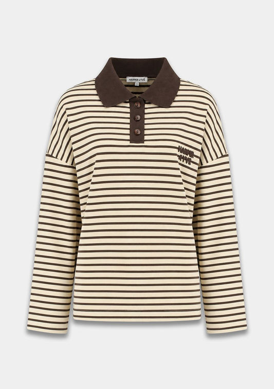 A long-sleeve polo shirt with horizontal beige and dark brown stripes, featuring a solid dark brown collar and button placket, and a small embroidered logo on the chest pocket.