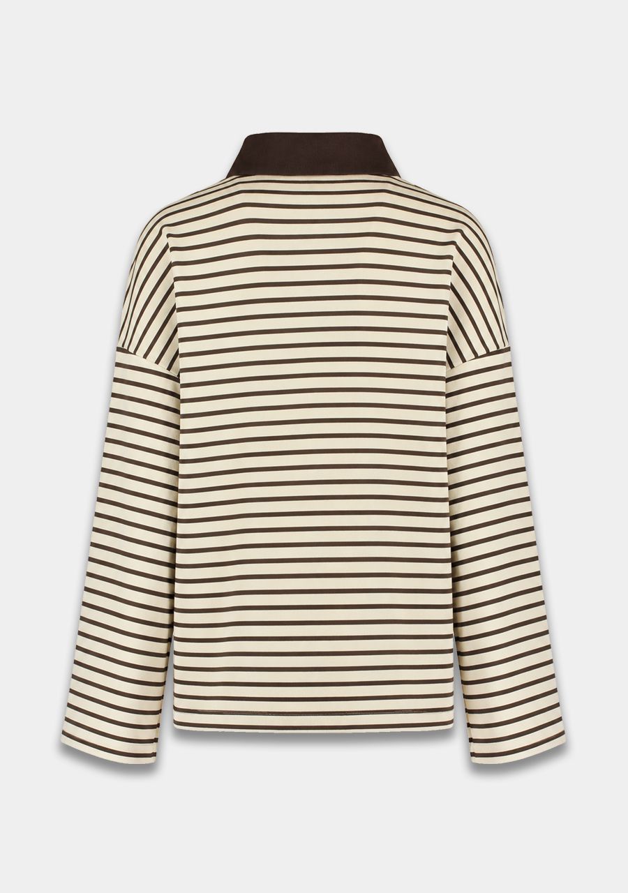 A long-sleeve knit top with horizontal beige and dark brown stripes, featuring a solid dark brown mock neck collar, shown from the back on a light gray background.