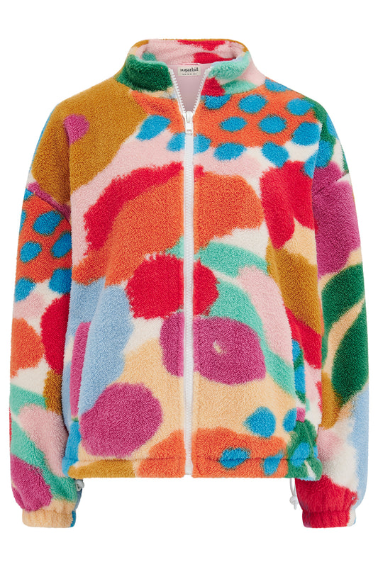 Colorful fleece jacket with abstract pattern on a white background