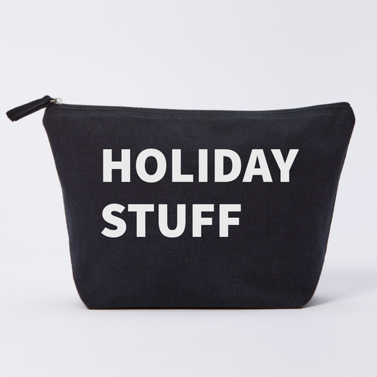 Black pouch with 'HOLIDAY STUFF' text on a white background