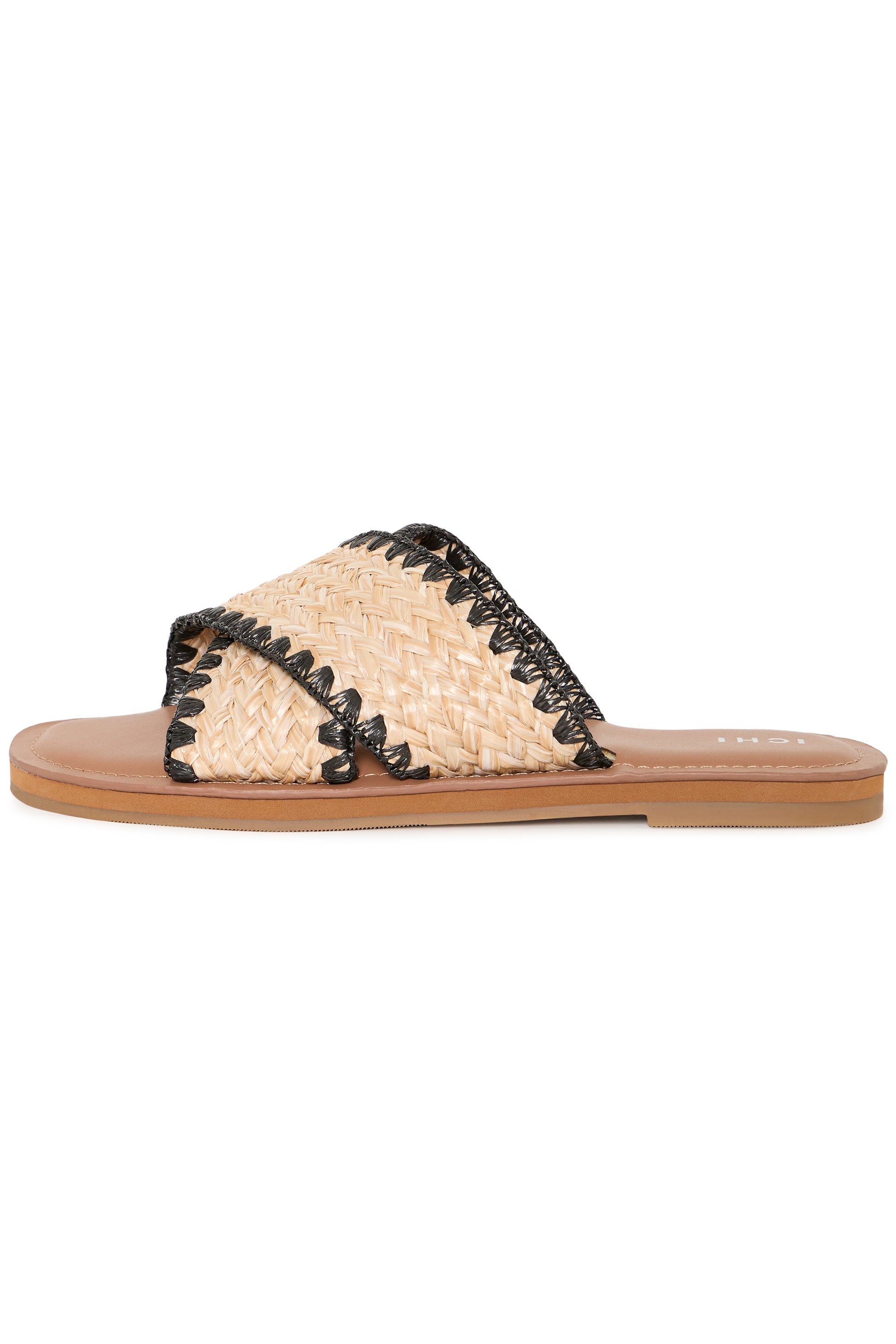 Woven sandal with black accents on a white background