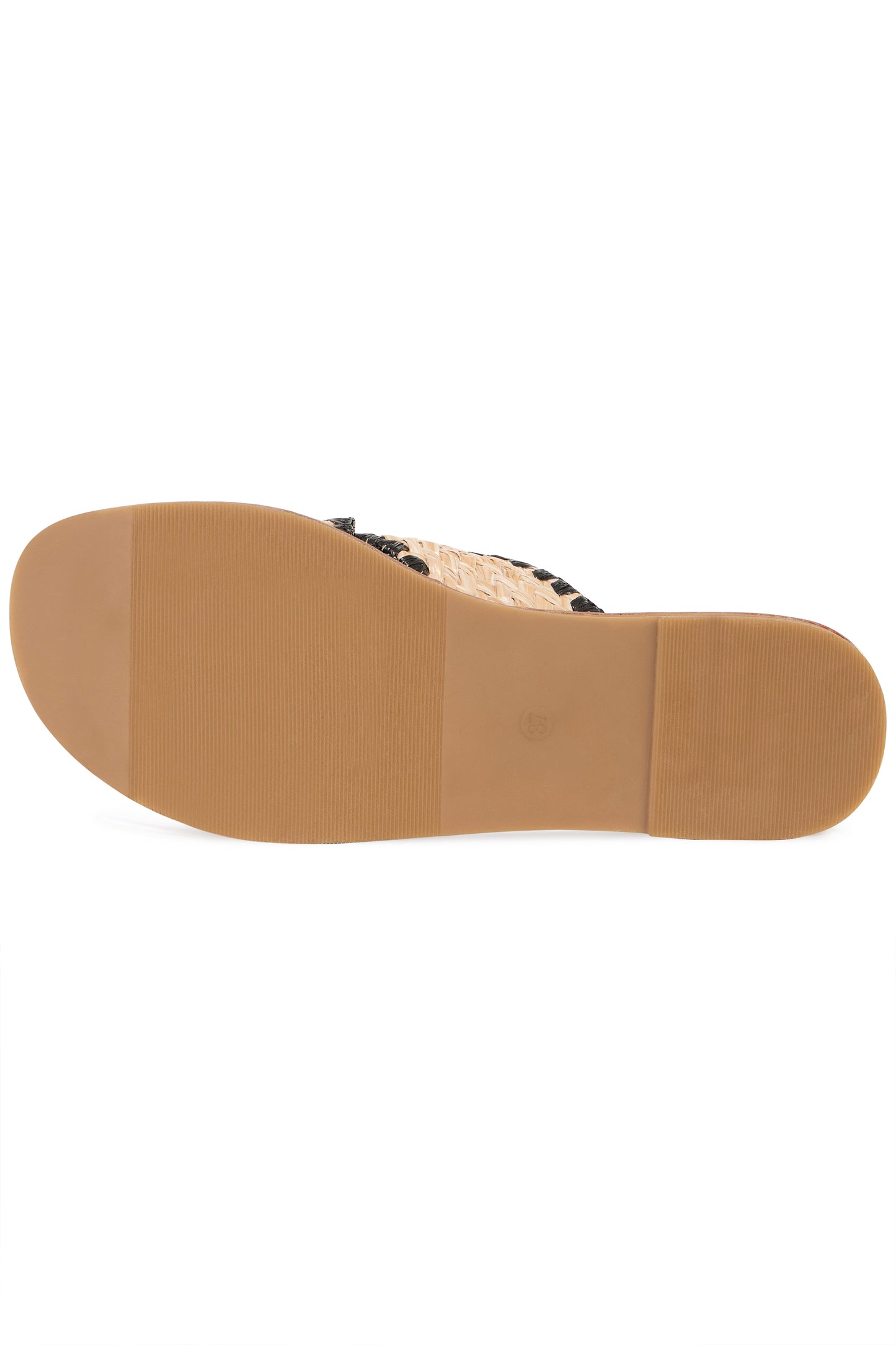 Close-up of a sandal sole with a tan insole on a white background