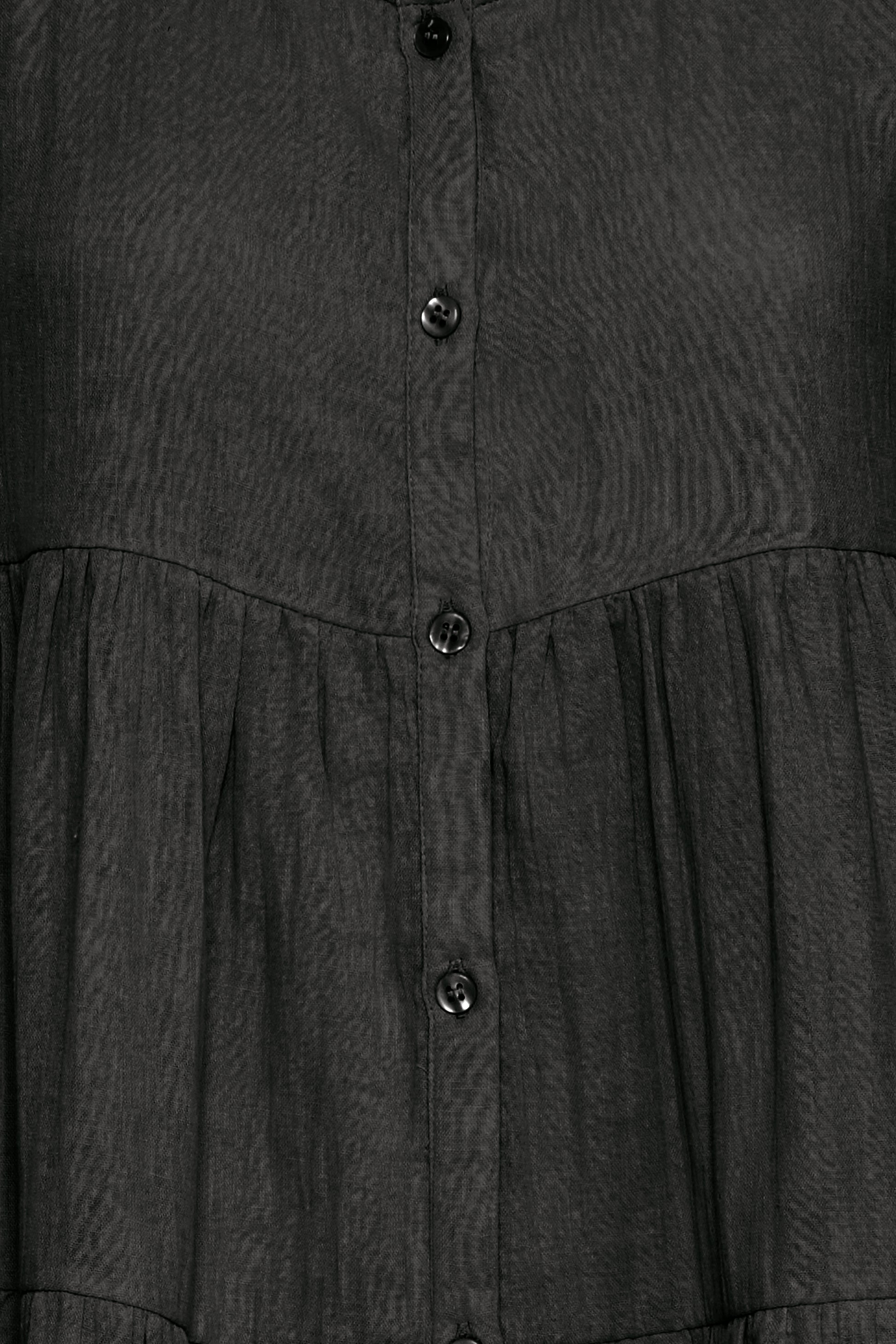 Close-up of a dark gray dress with buttons on a plain background