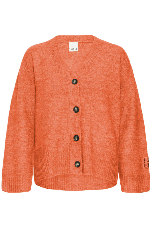 Orange cardigan with black buttons on a white background