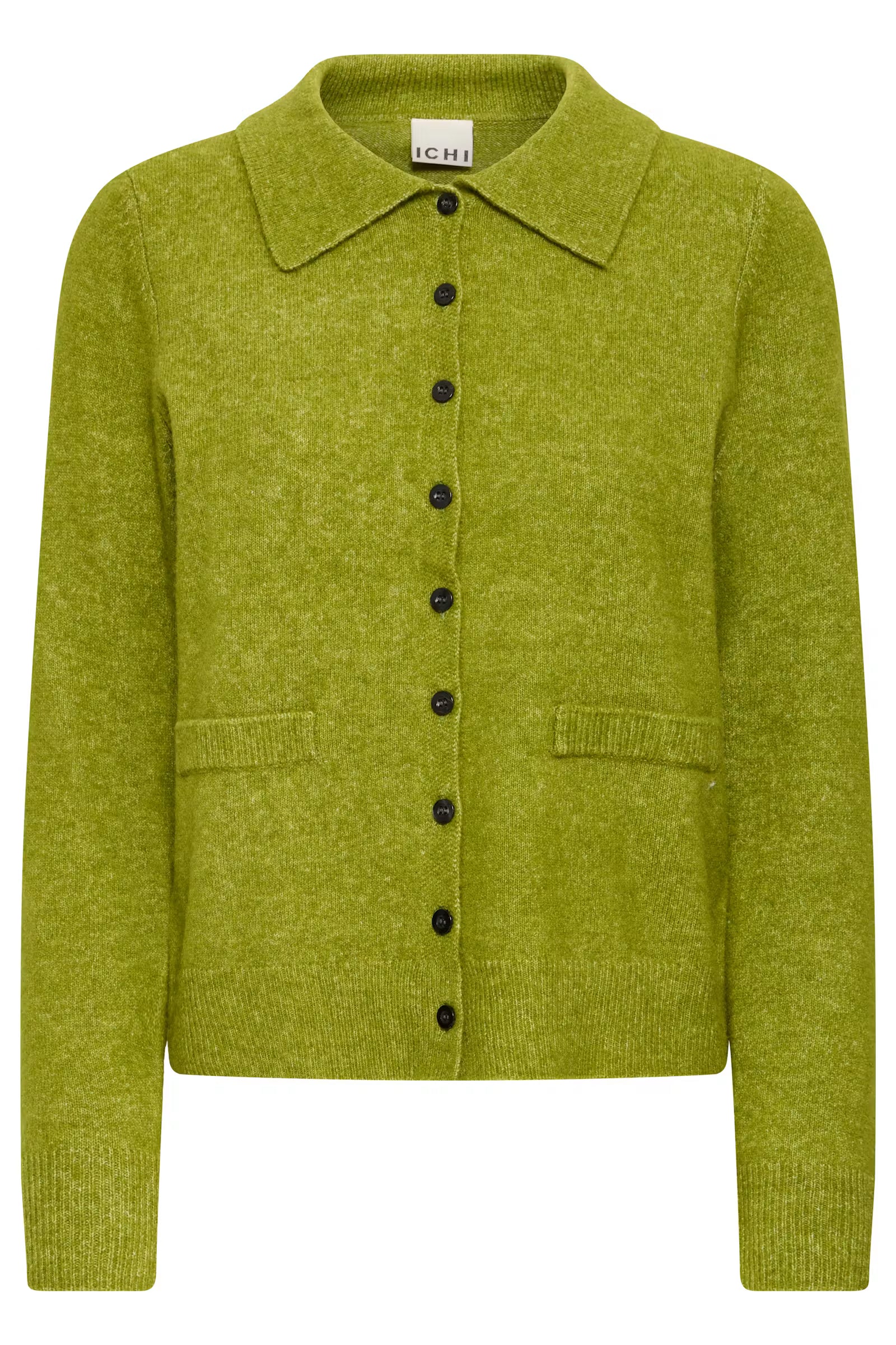 A lime green knit cardigan sweater with a collar, black buttons, and front pockets, shown against a plain white background.