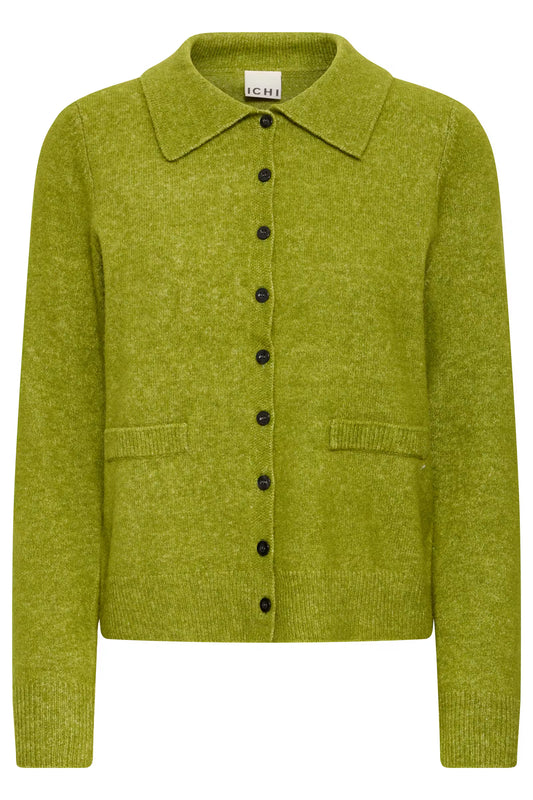 A lime green knit cardigan sweater with a collar, black buttons, and front pockets, shown against a plain white background.