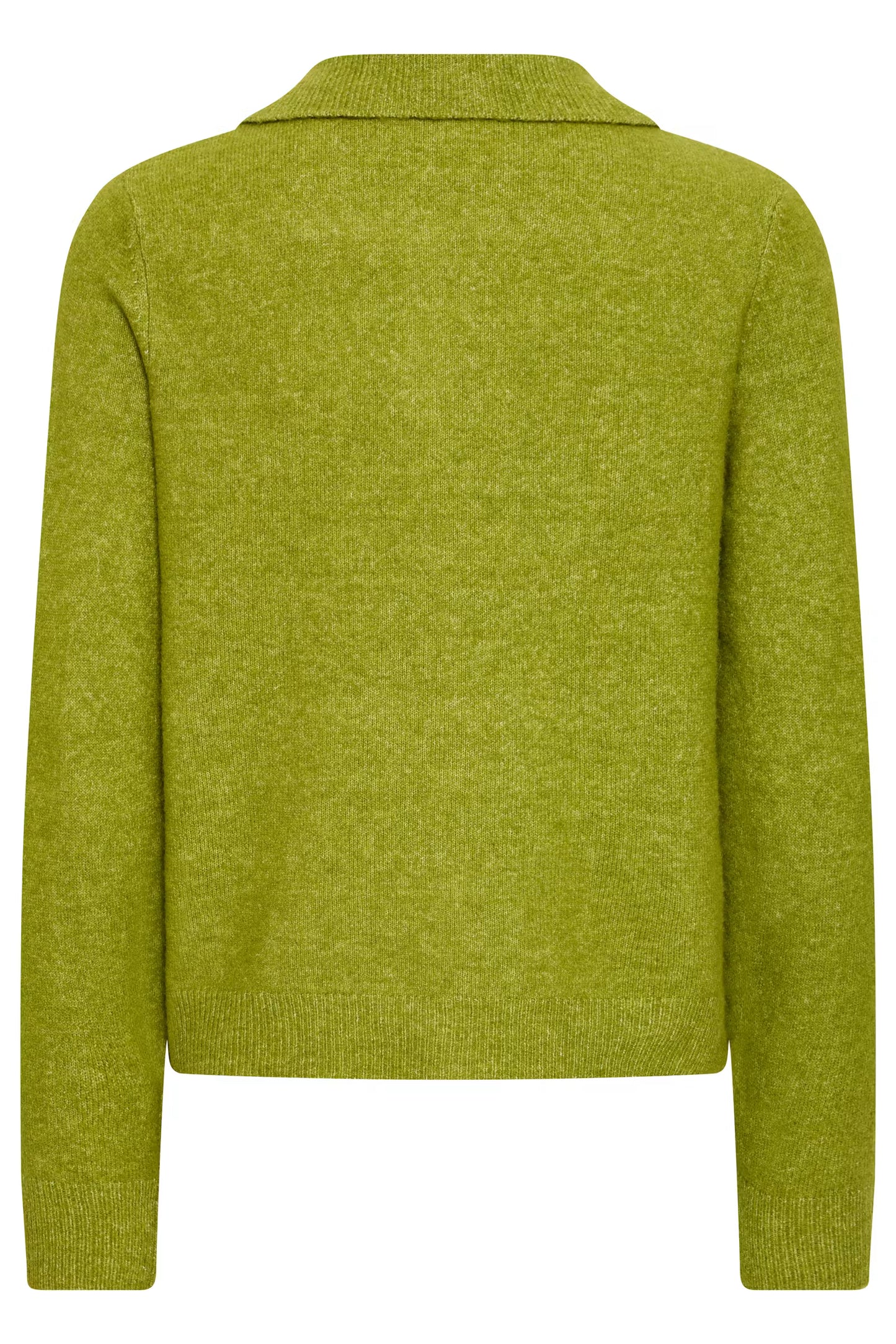 A lime green knit cardigan sweater shown from the back, featuring a ribbed collar, cuffs, and hem, on a solid white background.
