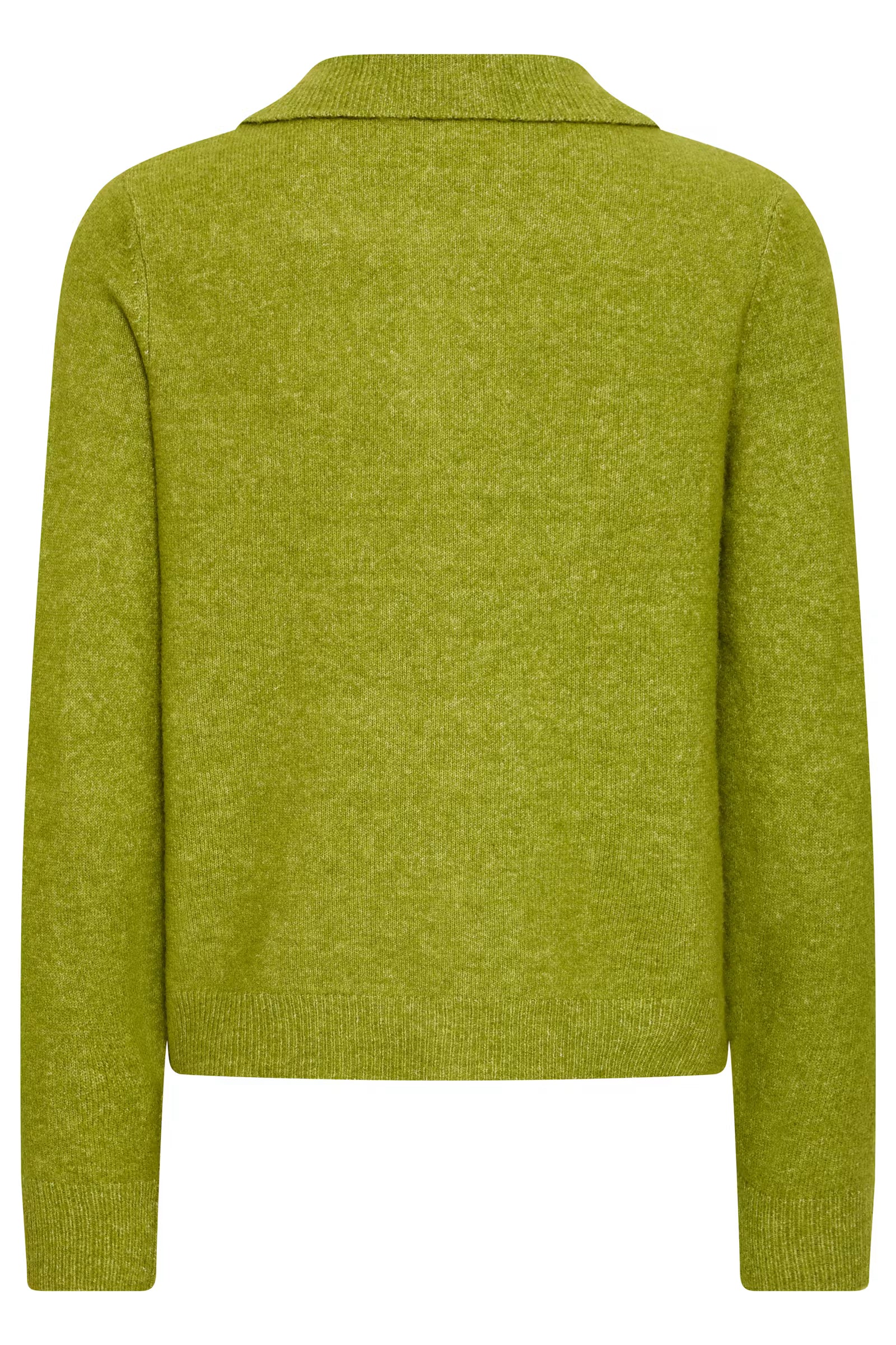 A lime green knit cardigan sweater shown from the back, featuring a ribbed collar, cuffs, and hem, on a solid white background.