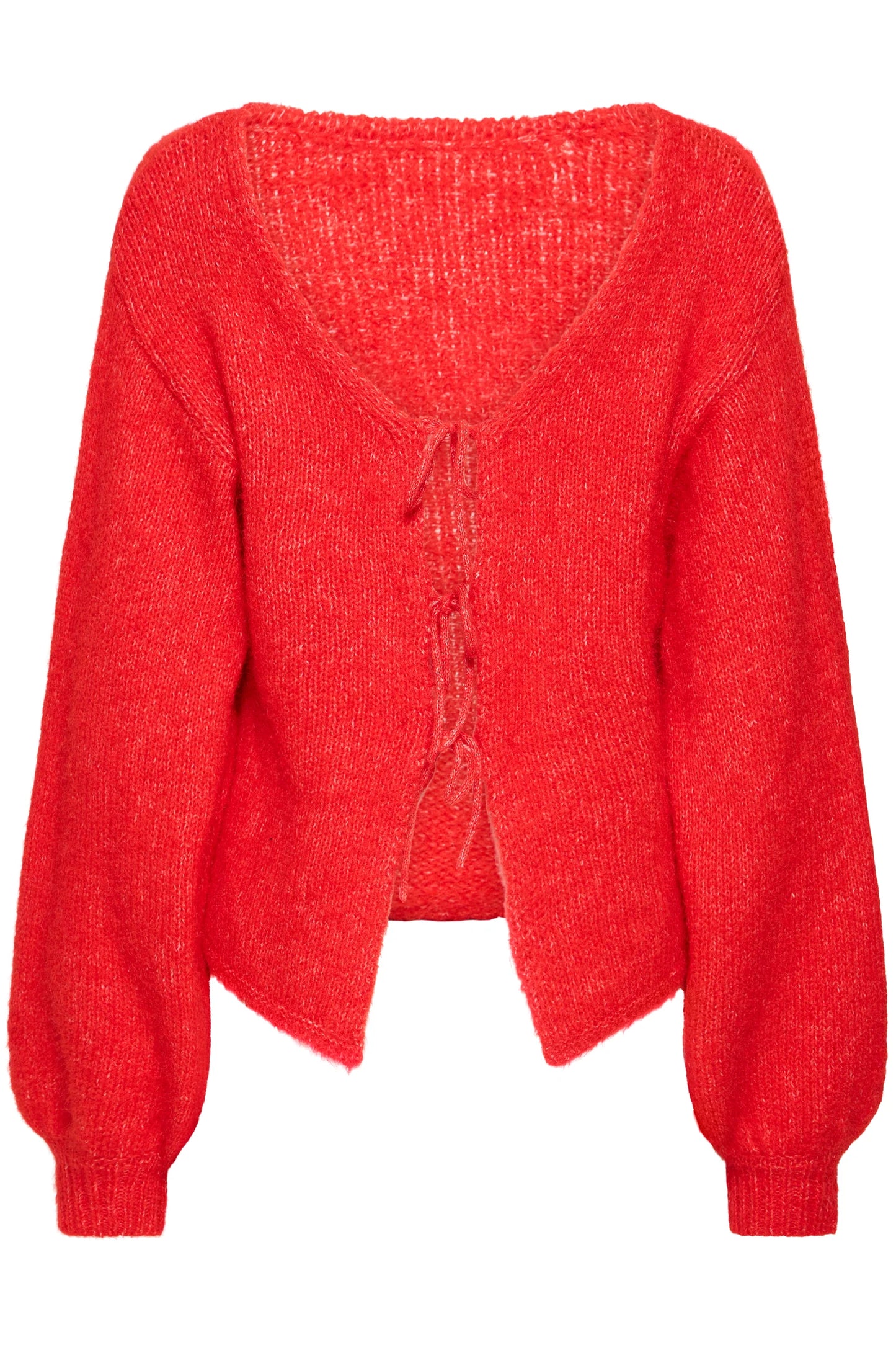 Red knitted cardigan on a white background
