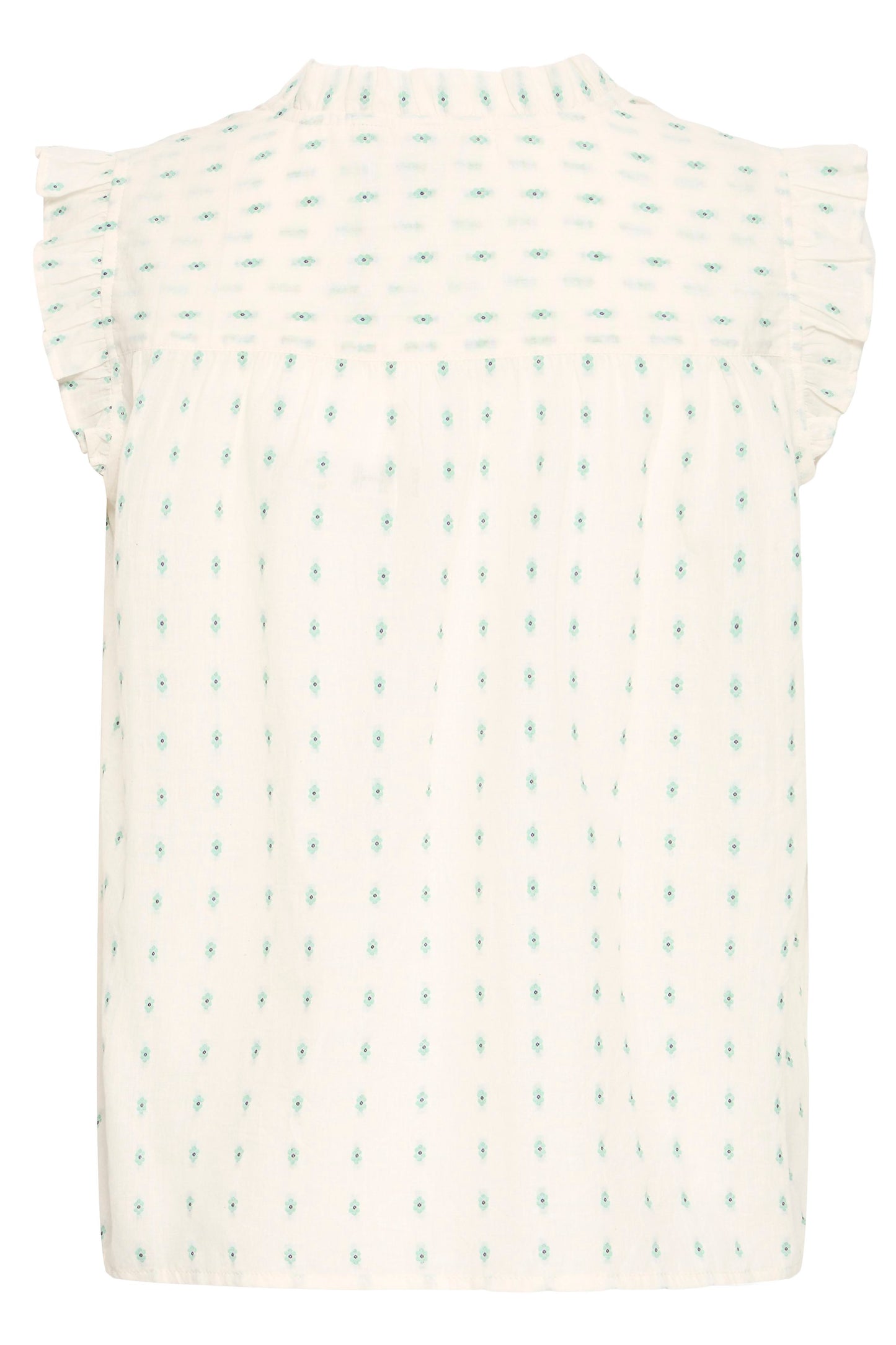 White sleeveless top with small green pattern on a white background